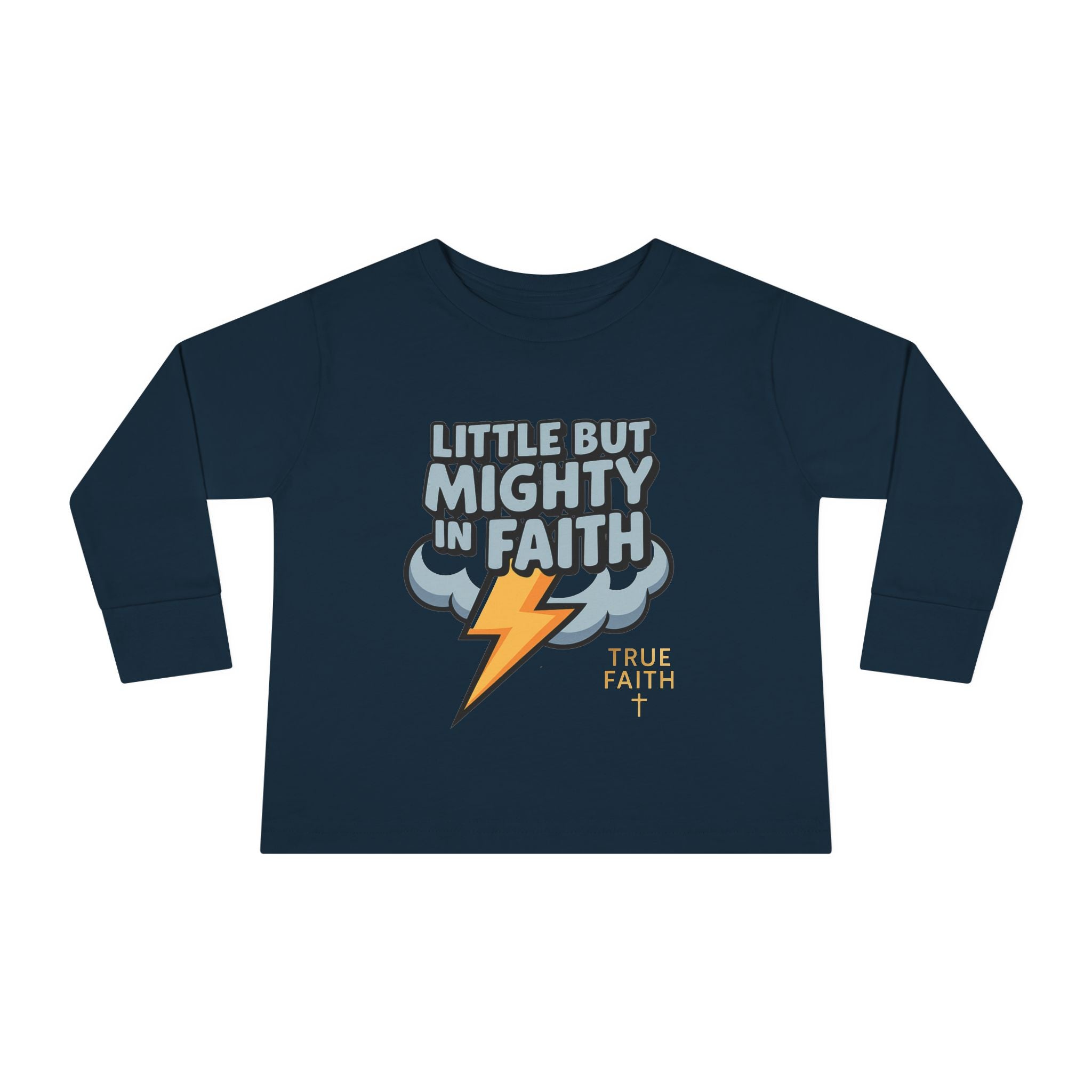 Toddler Long Sleeve Tee — "Little But Mighty In Faith" Lightning Cloud Kids Shirt