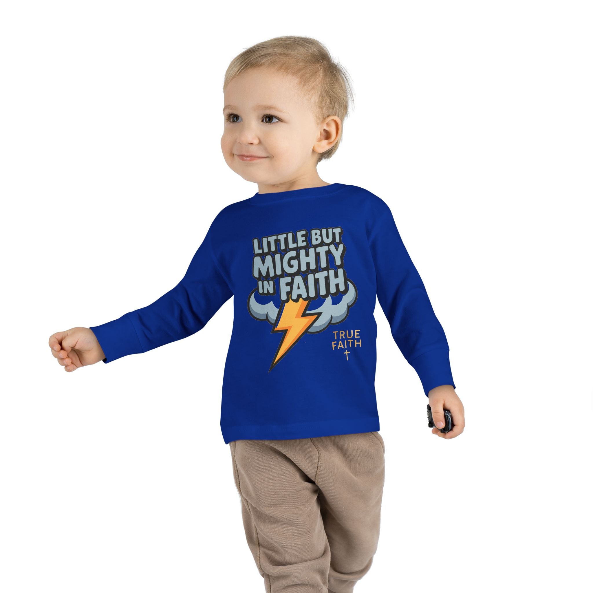 Toddler Long Sleeve Tee — "Little But Mighty In Faith" Lightning Cloud Kids Shirt