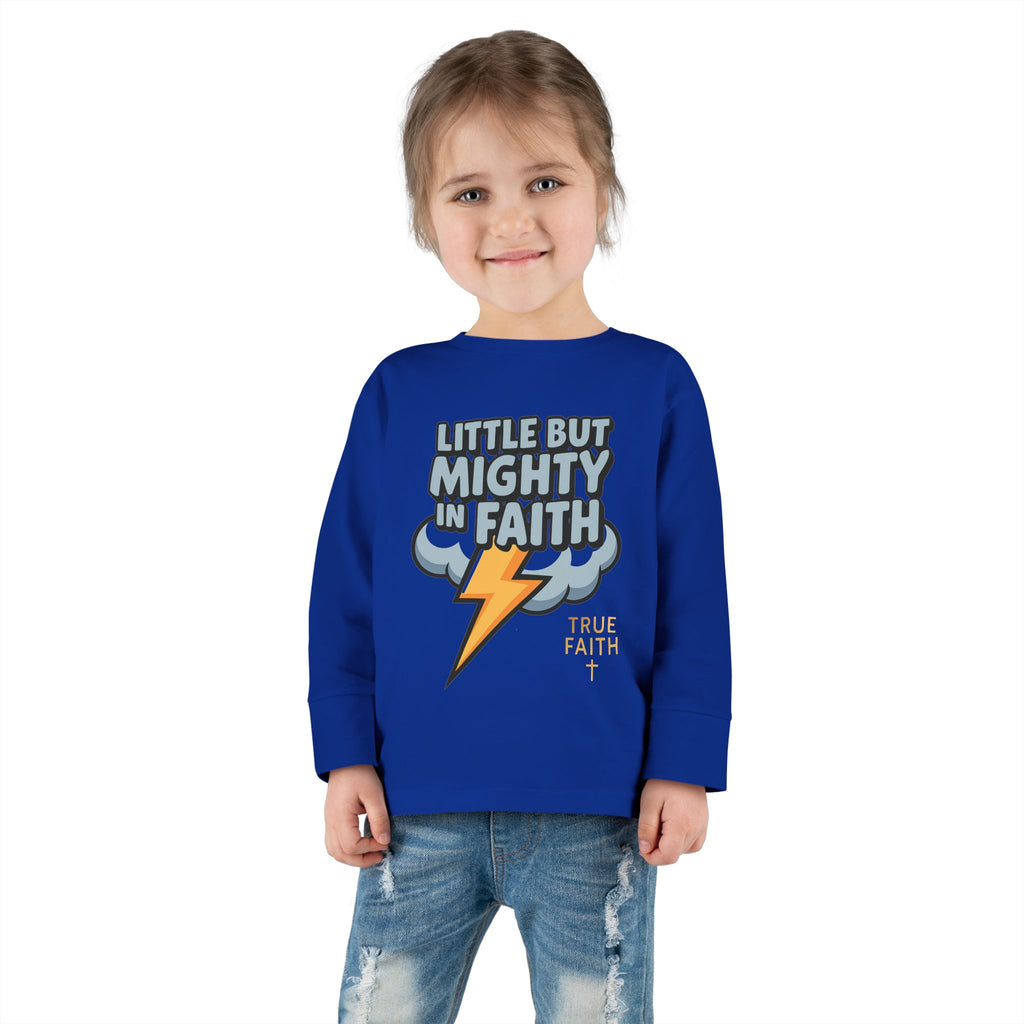 Toddler Long Sleeve Tee — "Little But Mighty In Faith" Lightning Cloud Kids Shirt
