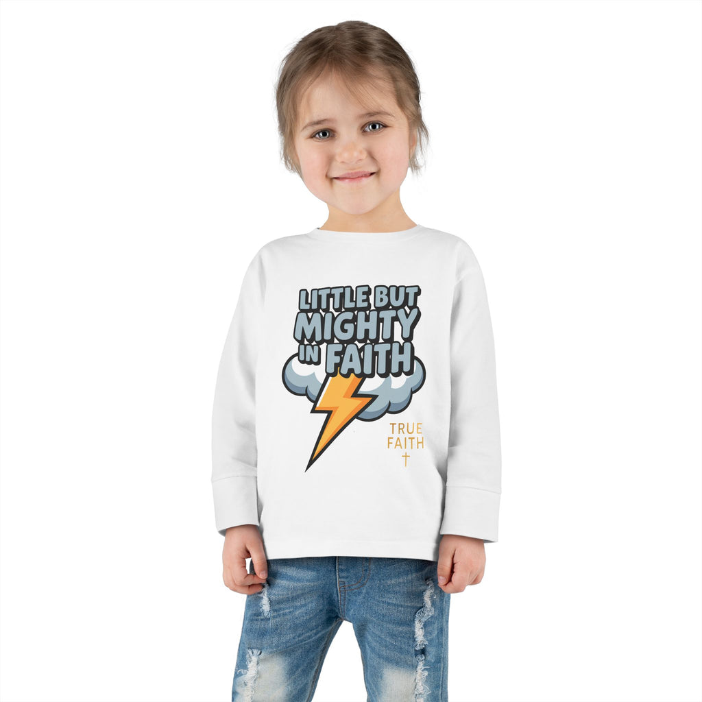 Toddler Long Sleeve Tee — "Little But Mighty In Faith" Lightning Cloud Kids Shirt