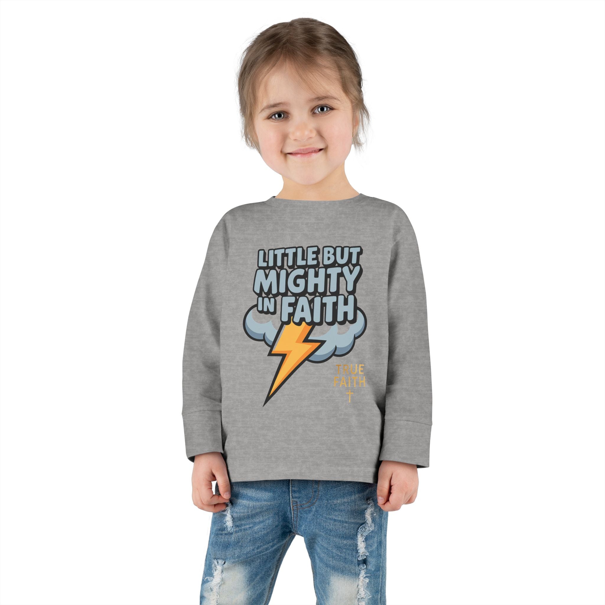 Toddler Long Sleeve Tee — "Little But Mighty In Faith" Lightning Cloud Kids Shirt
