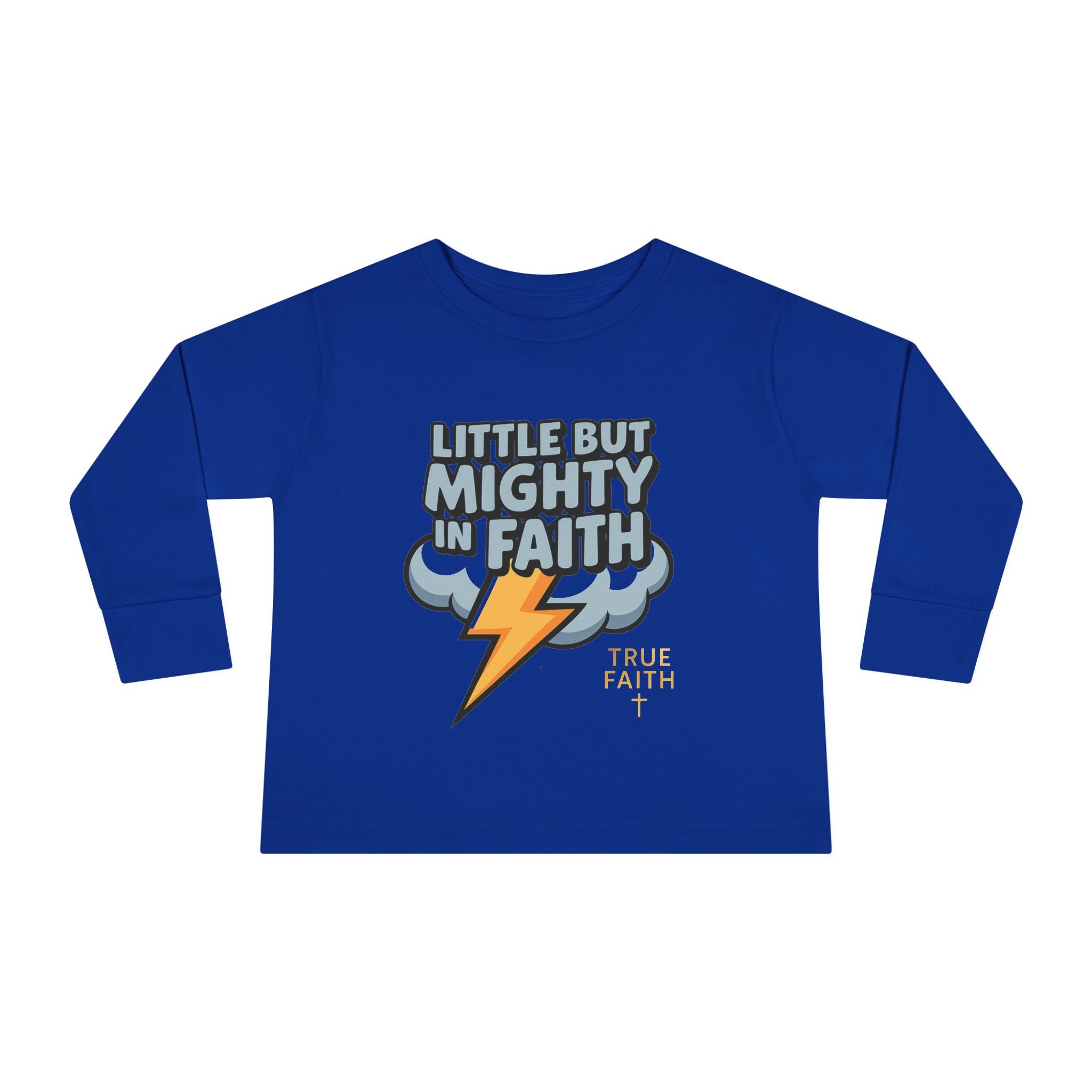 Toddler Long Sleeve Tee — "Little But Mighty In Faith" Lightning Cloud Kids Shirt