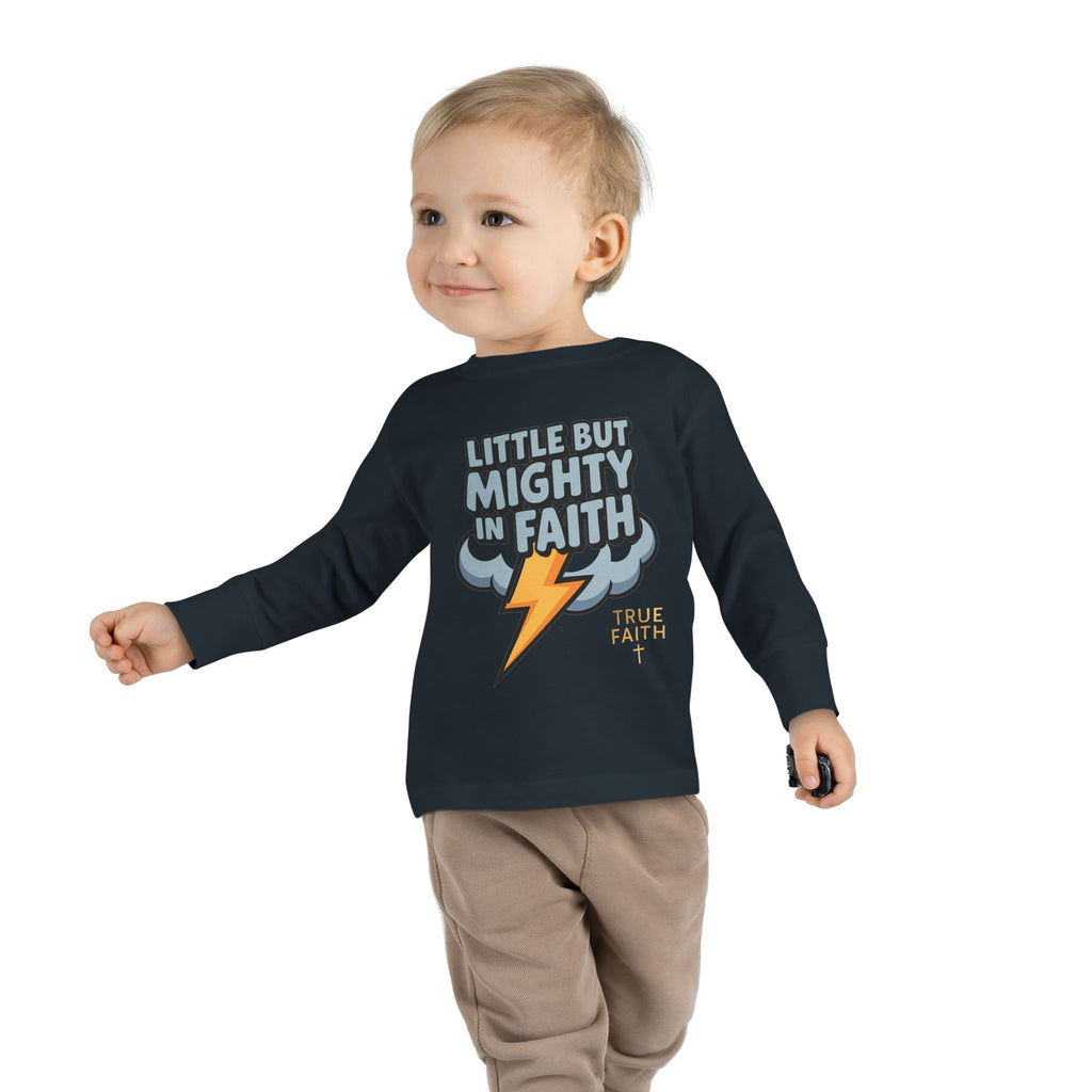 Toddler Long Sleeve Tee — "Little But Mighty In Faith" Lightning Cloud Kids Shirt