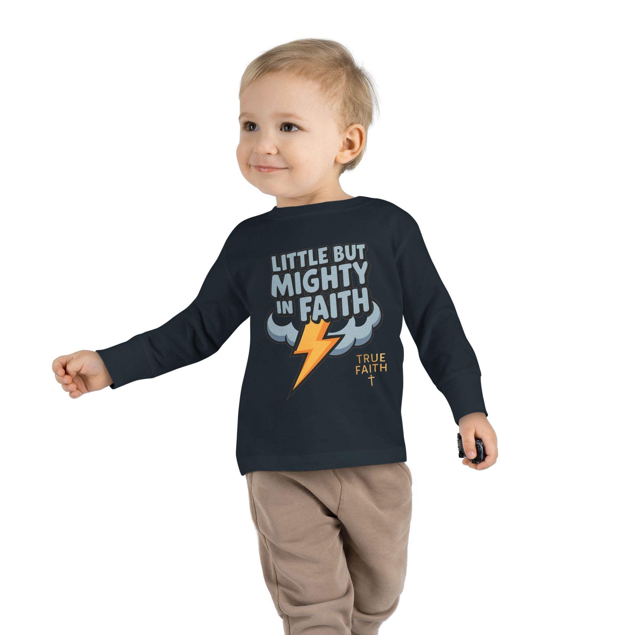 Toddler Long Sleeve Tee — "Little But Mighty In Faith" Lightning Cloud Kids Shirt