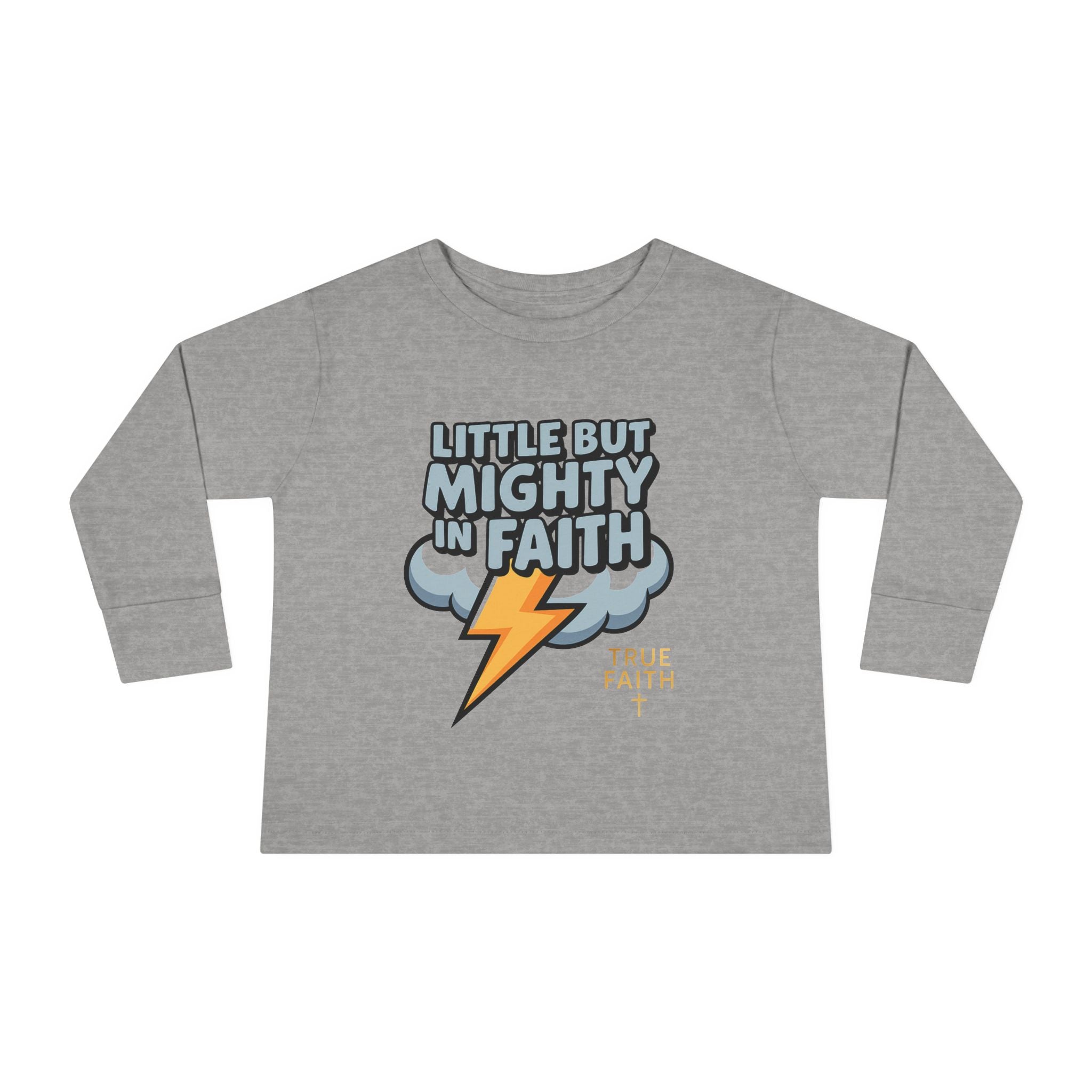 Toddler Long Sleeve Tee — "Little But Mighty In Faith" Lightning Cloud Kids Shirt