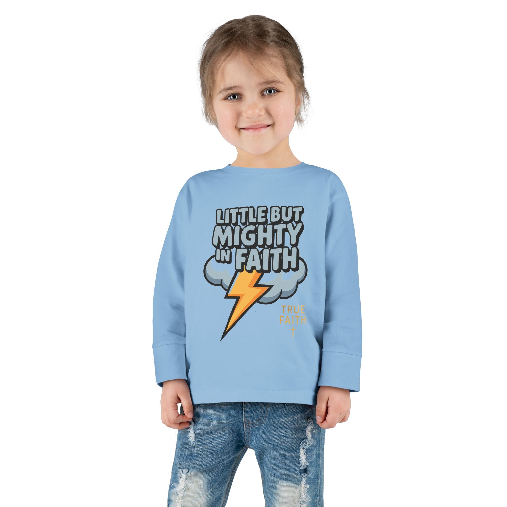Toddler Long Sleeve Tee — "Little But Mighty In Faith" Lightning Cloud Kids Shirt