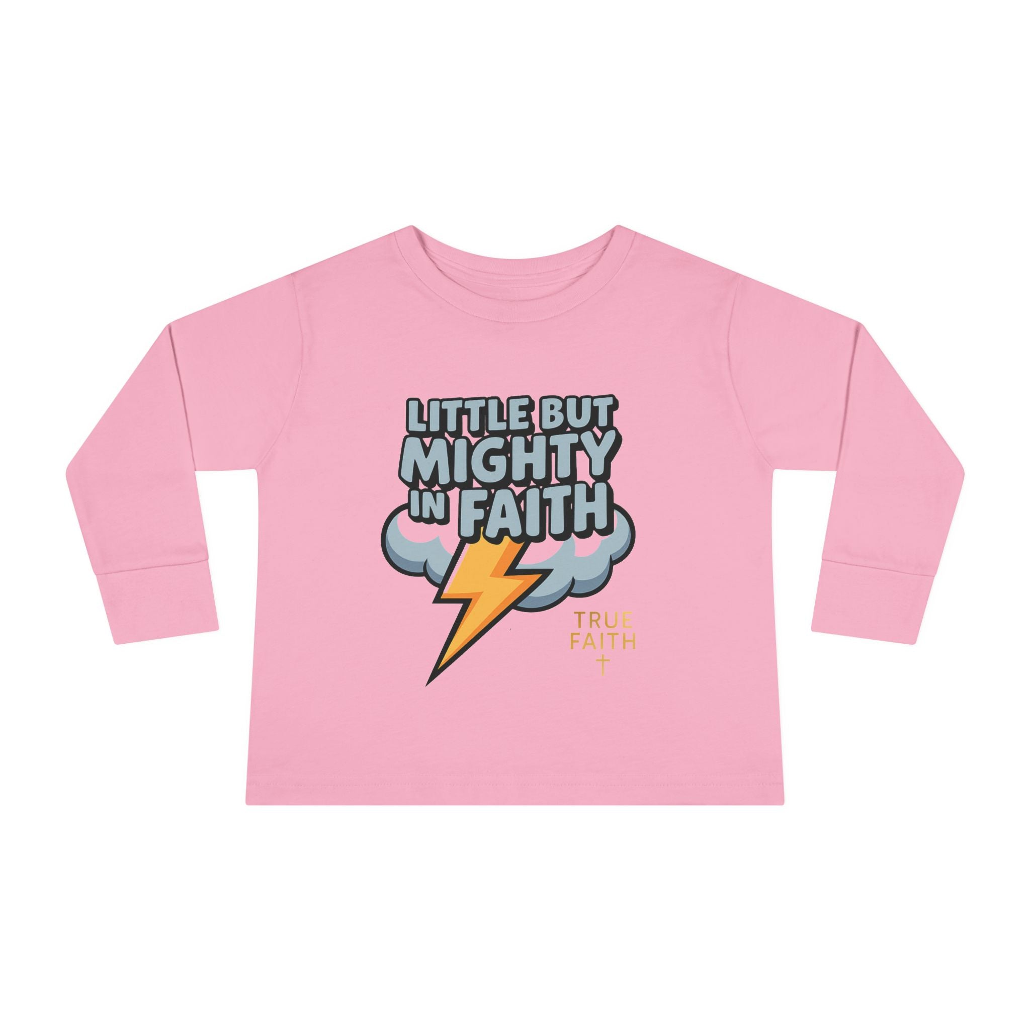 Toddler Long Sleeve Tee — "Little But Mighty In Faith" Lightning Cloud Kids Shirt