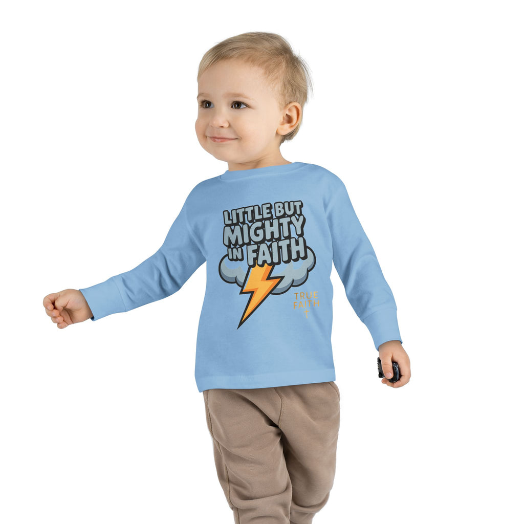 Toddler Long Sleeve Tee — "Little But Mighty In Faith" Lightning Cloud Kids Shirt