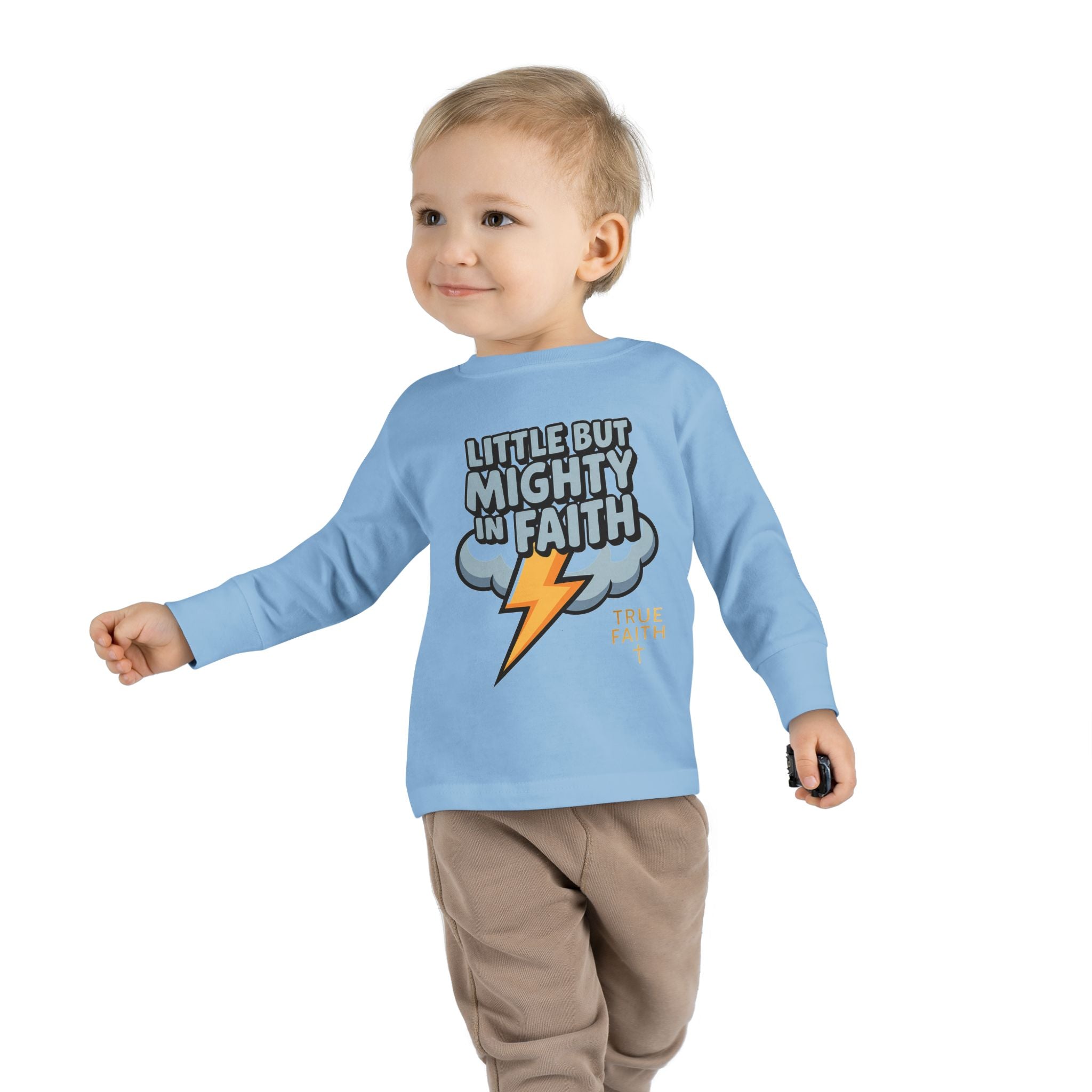 Toddler Long Sleeve Tee — "Little But Mighty In Faith" Lightning Cloud Kids Shirt