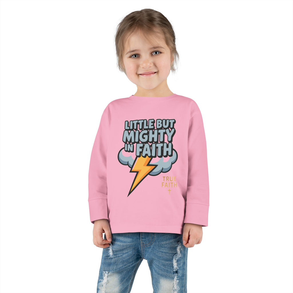Toddler Long Sleeve Tee — "Little But Mighty In Faith" Lightning Cloud Kids Shirt