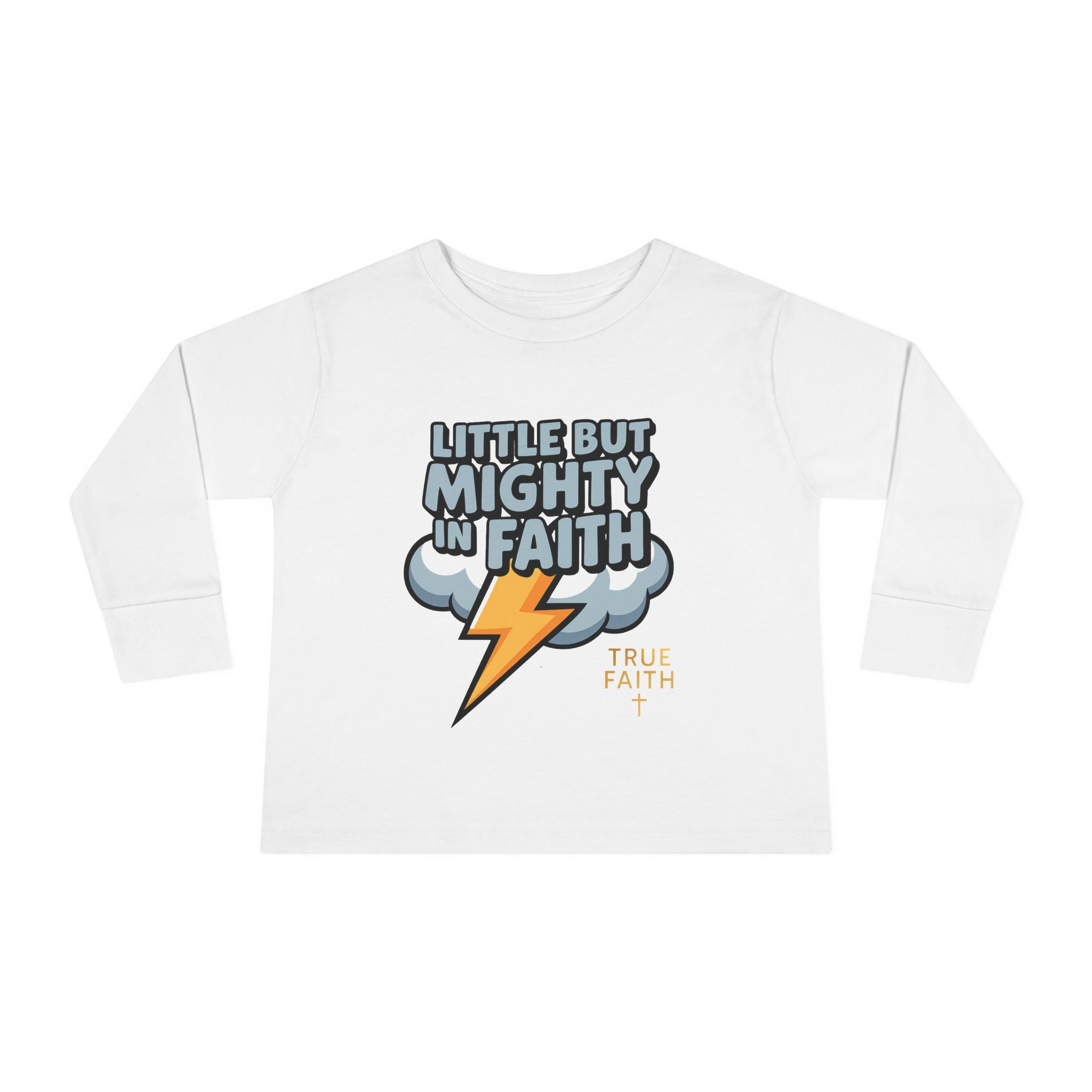 Toddler Long Sleeve Tee — "Little But Mighty In Faith" Lightning Cloud Kids Shirt
