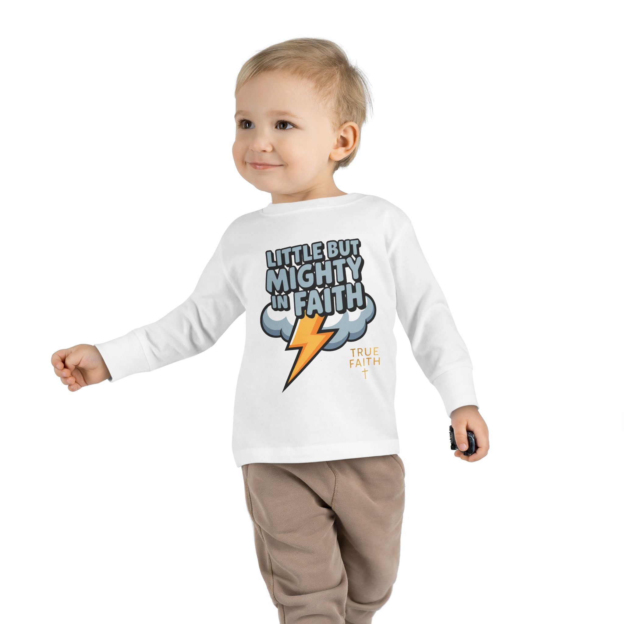 Toddler Long Sleeve Tee — "Little But Mighty In Faith" Lightning Cloud Kids Shirt