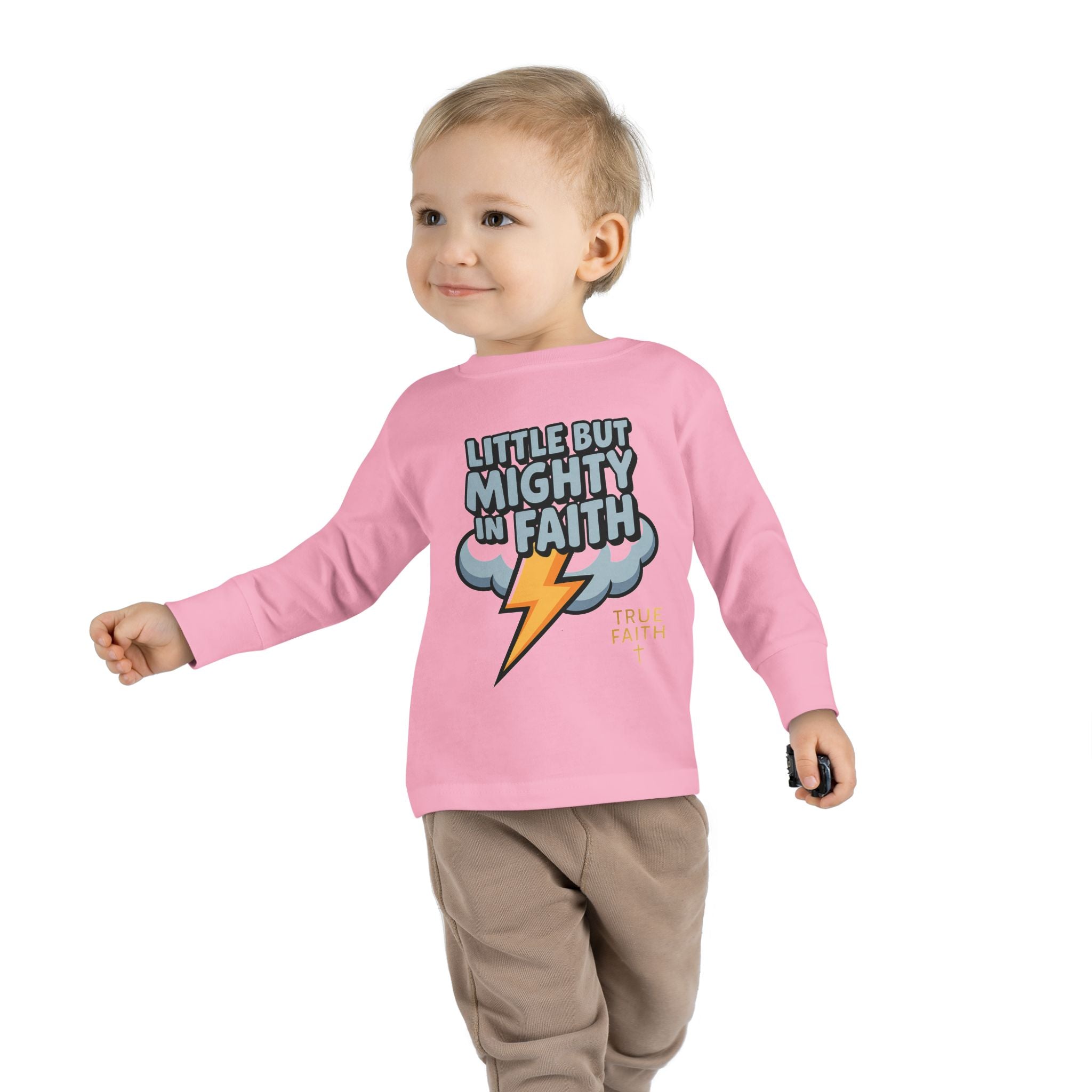 Toddler Long Sleeve Tee — "Little But Mighty In Faith" Lightning Cloud Kids Shirt