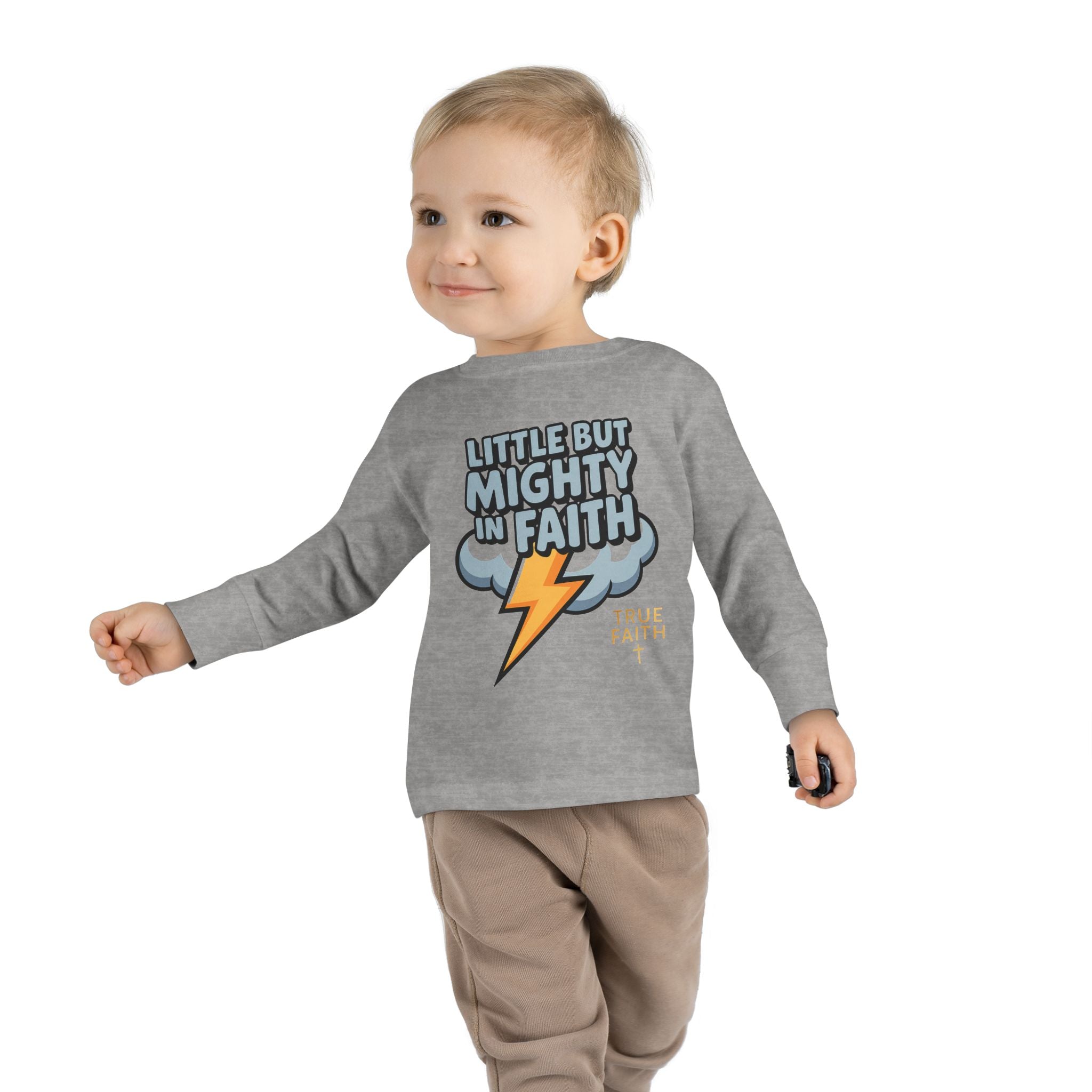 Toddler Long Sleeve Tee — "Little But Mighty In Faith" Lightning Cloud Kids Shirt